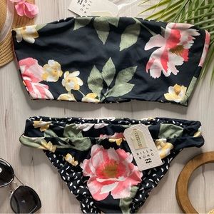 Billabong Black Floral Tube Top and Maui Rider Reversible Bikini Set